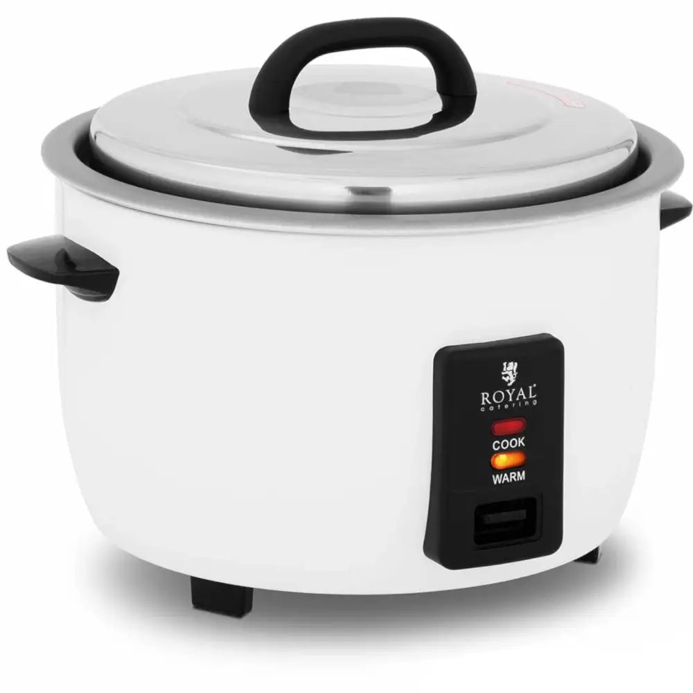 Elektrisk riskoker 10L, hvit med sort lokk og tydelig kontrollpanel med “cook” og “warm”-indikator.