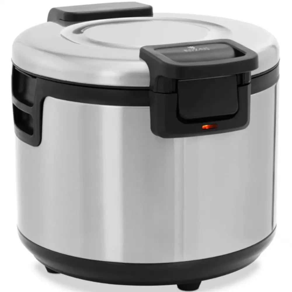 Risoppvarmingsenhet i rustfritt stål, skrå vinkel viser lokk med låsespak og lysindikator på fronten.