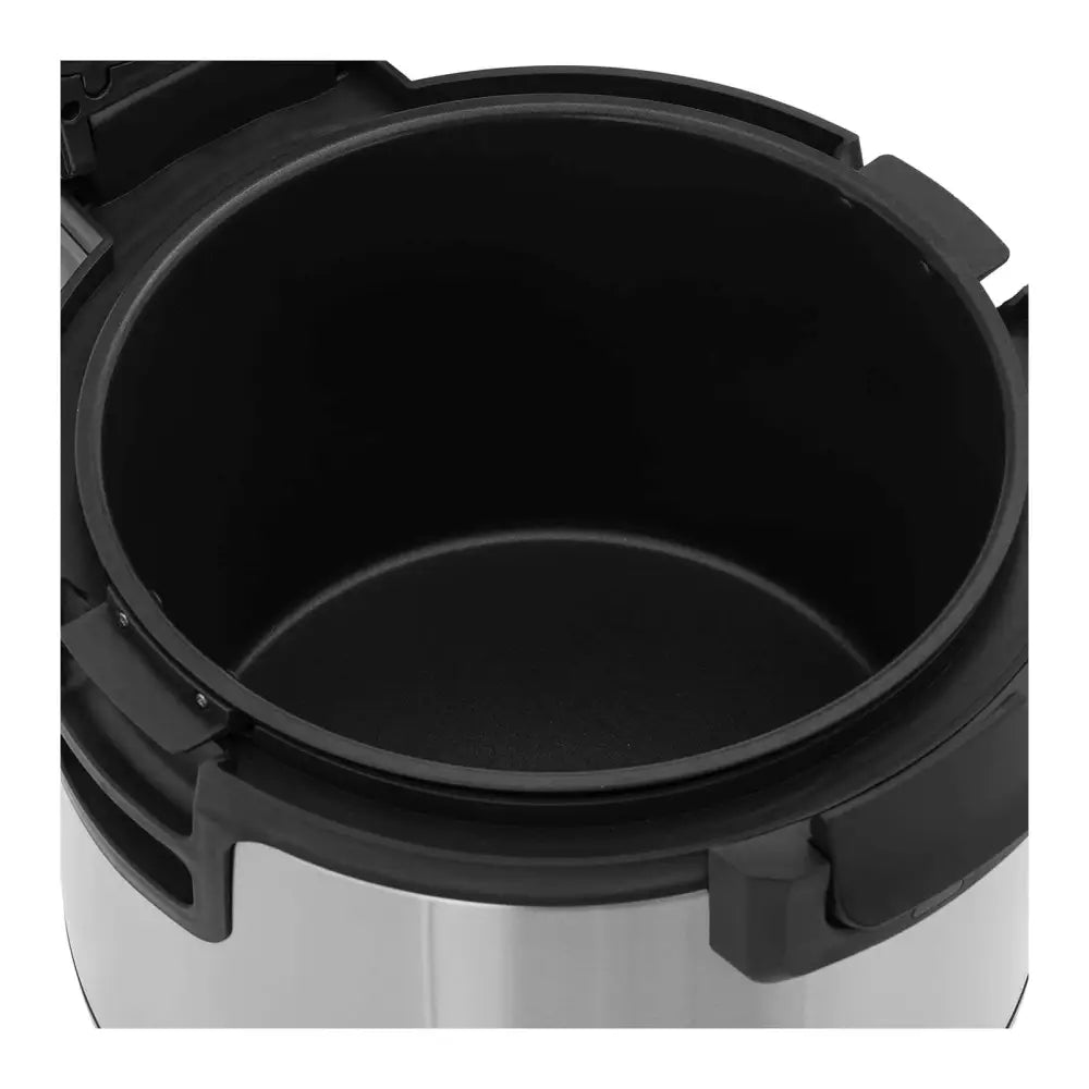 Risoppvarmingsenhet, toppvisning av sort non-stick innergryte i sølv elektrisk risdampkoker.