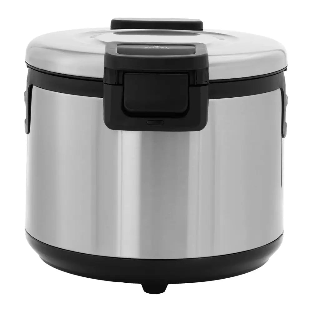 Risoppvarmingsenhet med rustfri stålkropp, sort lokk og tydelig låsemekanisme sett forfra.