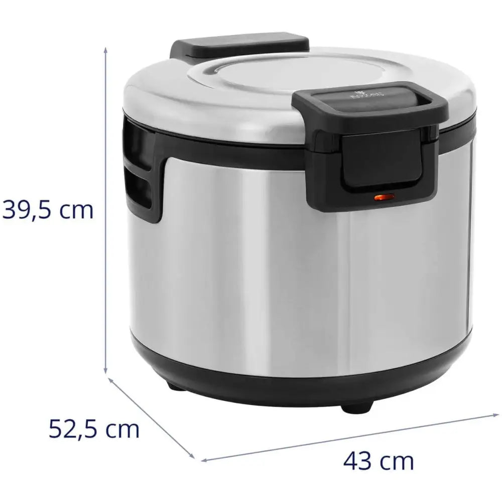 Elektrisk risdampkoker 26 l i rustfritt stål, skrå frontvisning med oppgitte mål på bildet.