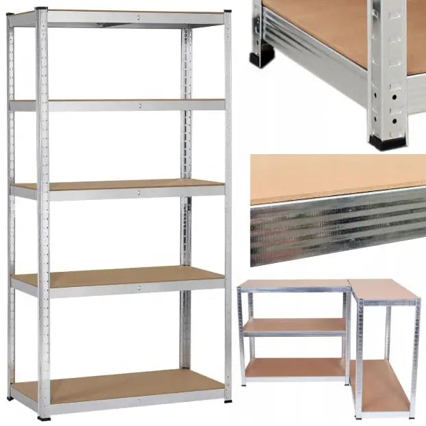 Robust metallhylle med fem lysebrune trehyller, sølvfarget ramme, fleksibel oppstilling som to små reoler.