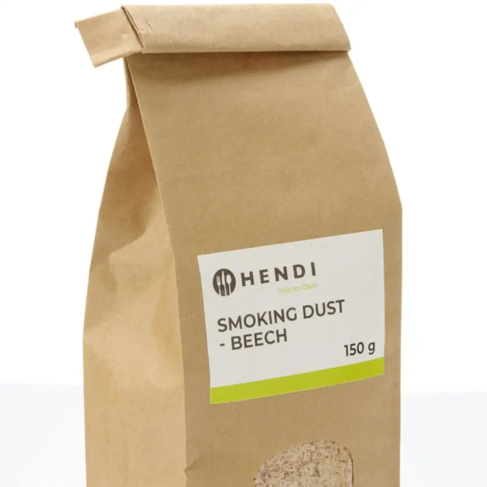 Røkelse pulversett for kaldrøyking, brun pose med hvit etikett og grønn detalj, innhold synlig i vindu.