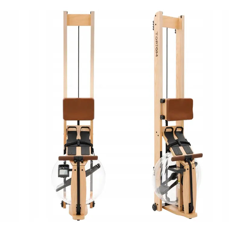 Romaskin med vannbeholder i naturtre, brune seter og sorte fotstropper, sett fra to vinkler mot hvit bakgrunn.