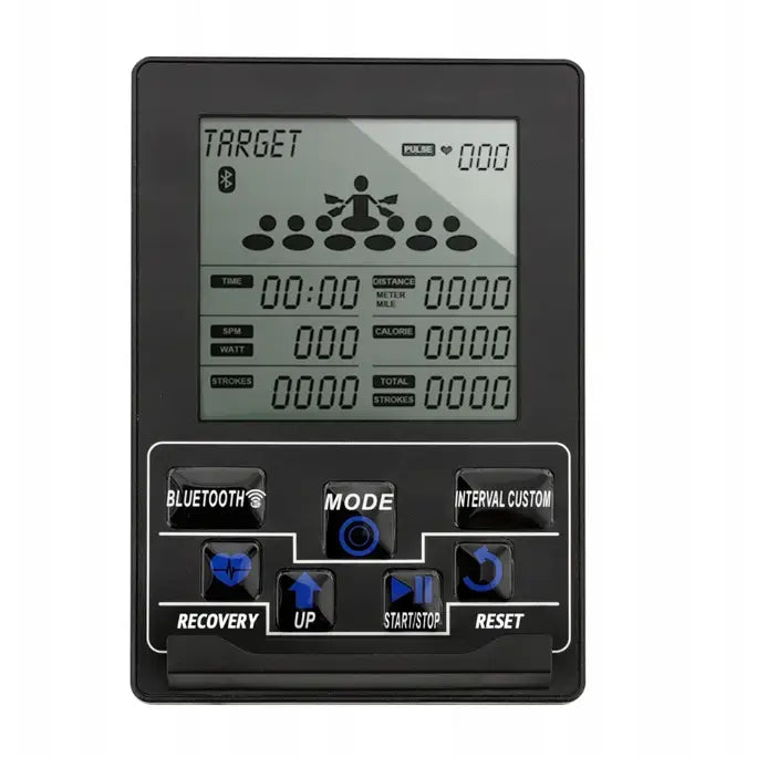 Romaskin med elektronisk konsoll, digitalt display og Bluetooth-knapp, frontvisning av kontrollpanelet.