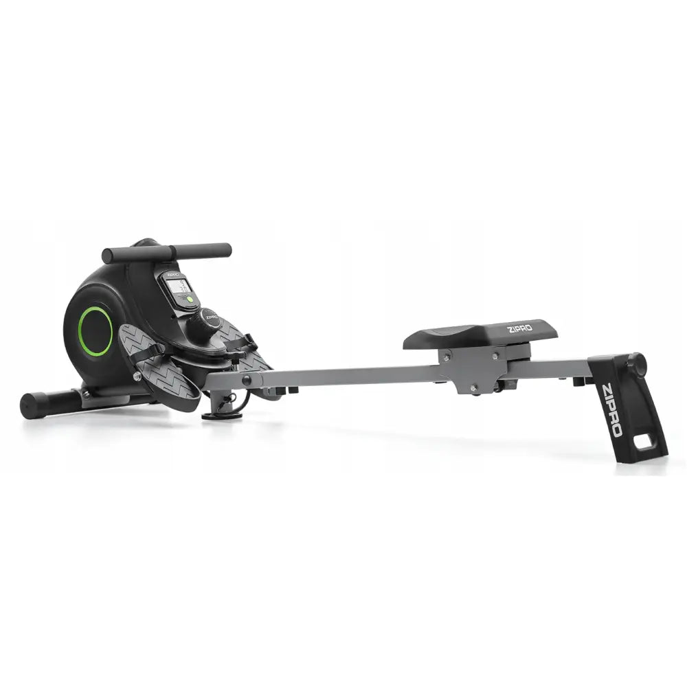 Romaskin Ergometer Sammenleggbar, sidevisning med justerbare fotstøtter, sete, display og grønn sirkel ved svinghjulet.