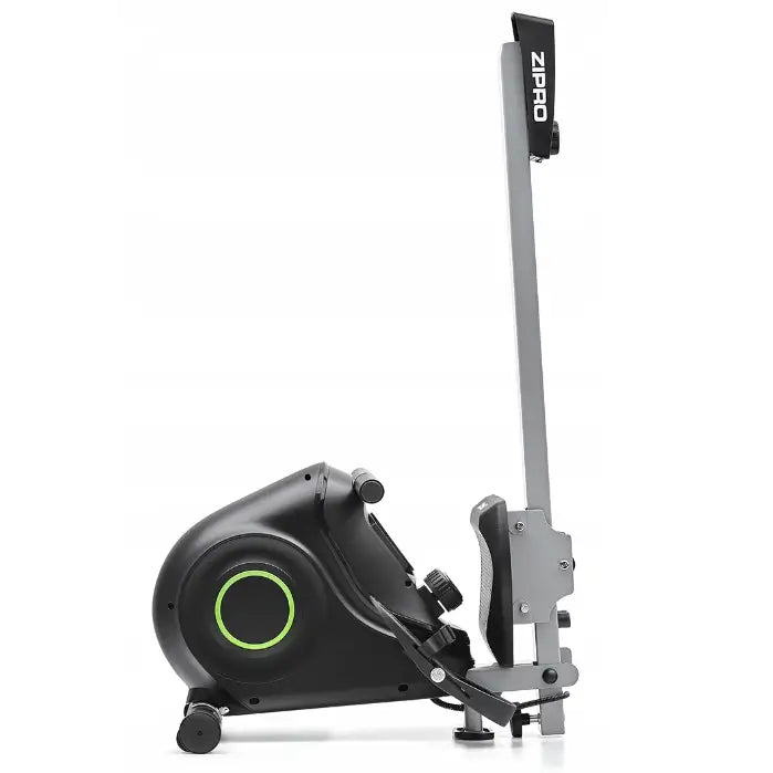 Romaskin Ergometer Sammenleggbar, sidevisning med grønn-detaljer og synlig ZIPRO-logo på sølvramme.