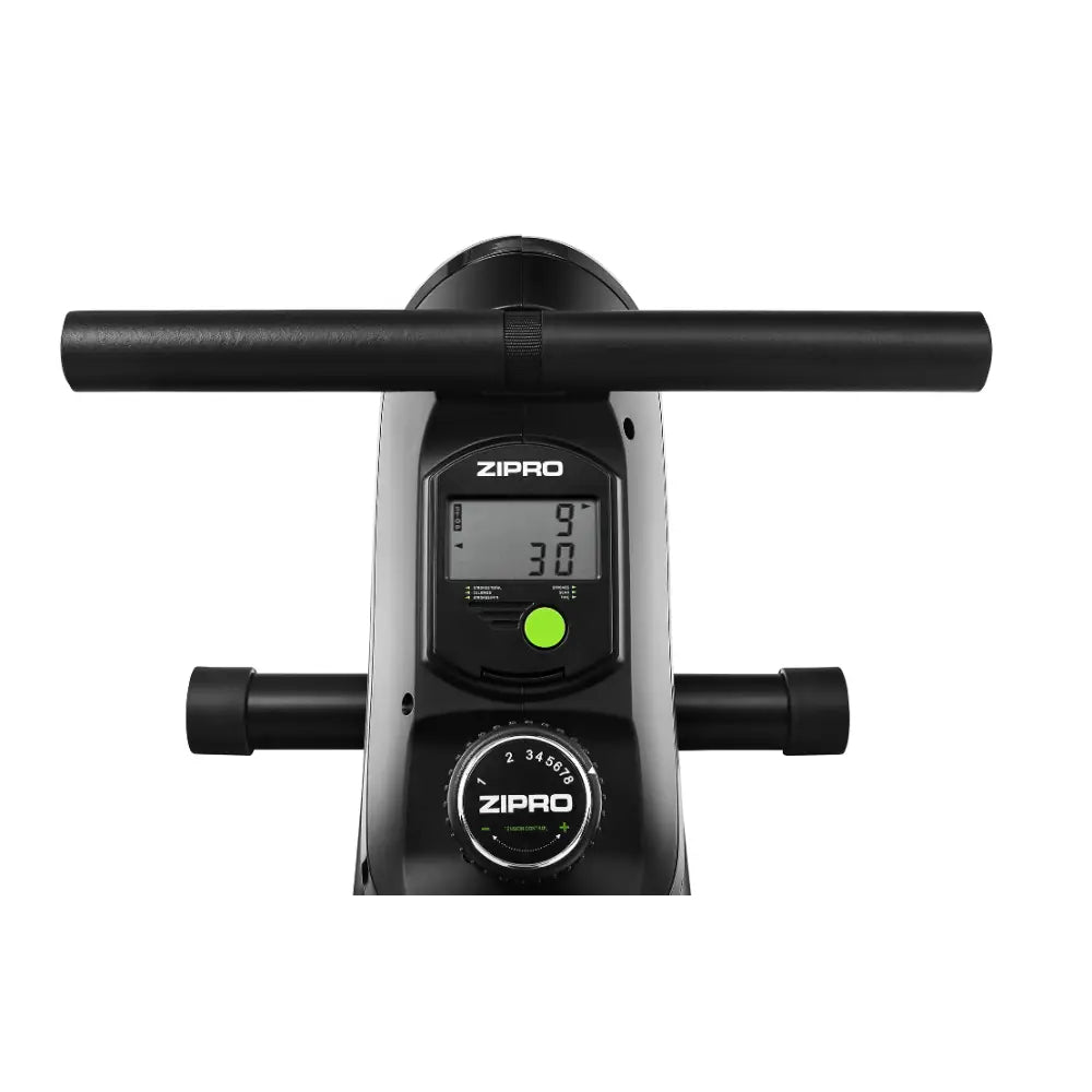 Romaskin Ergometer Sammenleggbar sett ovenfra, fokus på digitalt display, stor dreieknapp og grønn knapp.