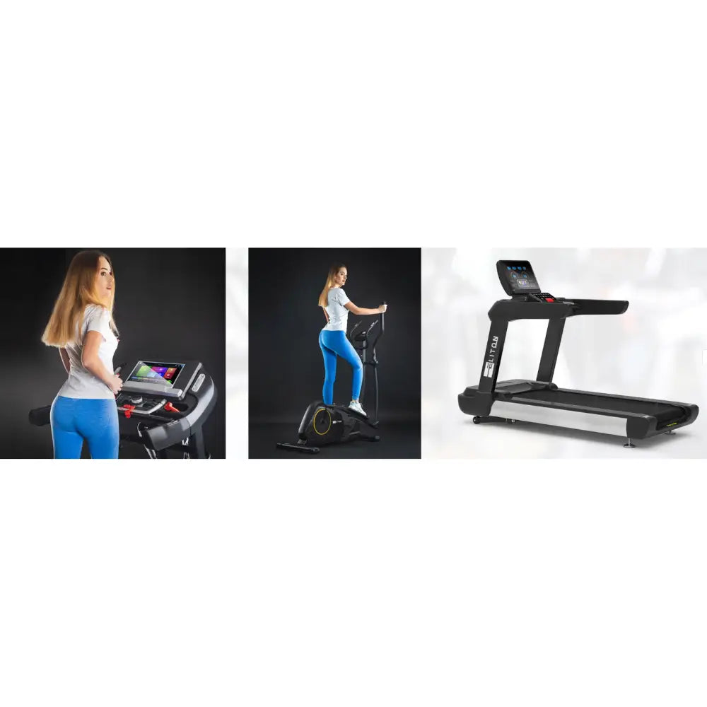 Romaskin Omega 150kg, sidebilde av tredemølle og kvinne i treningstøy som bruker ulike treningsapparater.