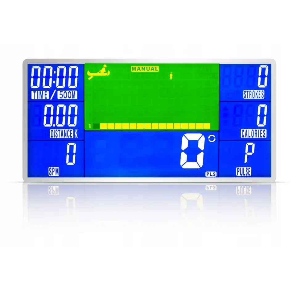 LCD-display på Romaskin Omega, viser tid, distanse, slag per minutt, kalorier og puls med fargede segmenter.