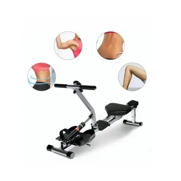 Romaskin med svart polstring, sidevisning, og innfelt grafikk over muskelgrupper som trenes med apparatet.