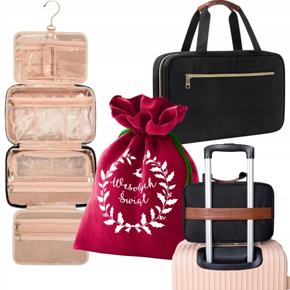 Beige utbrettbar toalettmappe med krok, vist sammen med svart laptopveske og rød gavepose fra ulike vinkler.