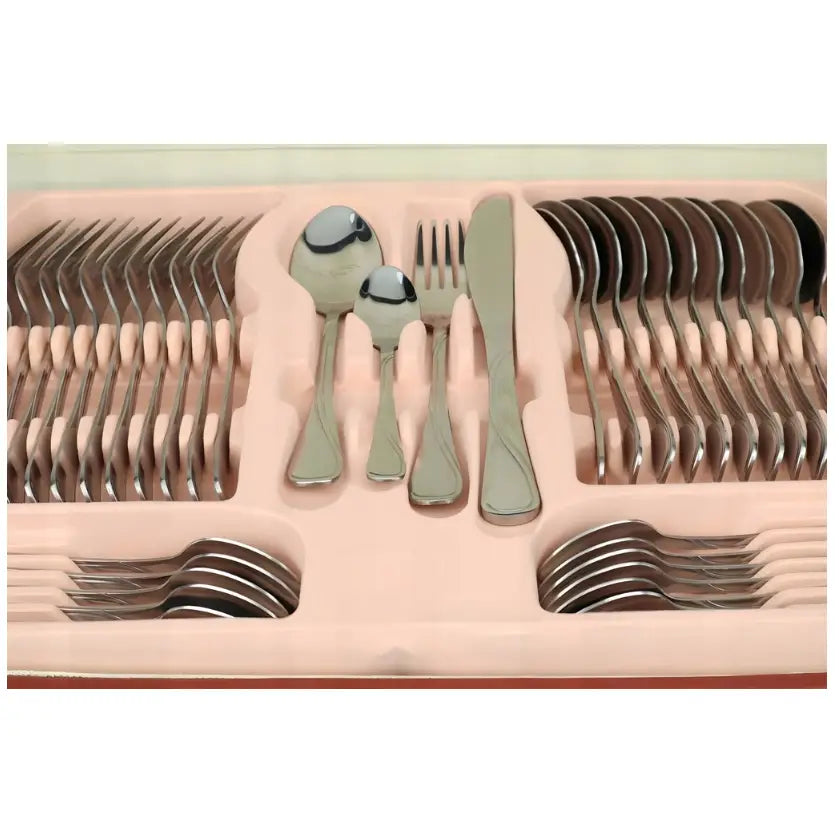 Rossner bestikksett i stål, sett ovenfra med 72 deler pent ordnet i rosa innsats for 12 personer.