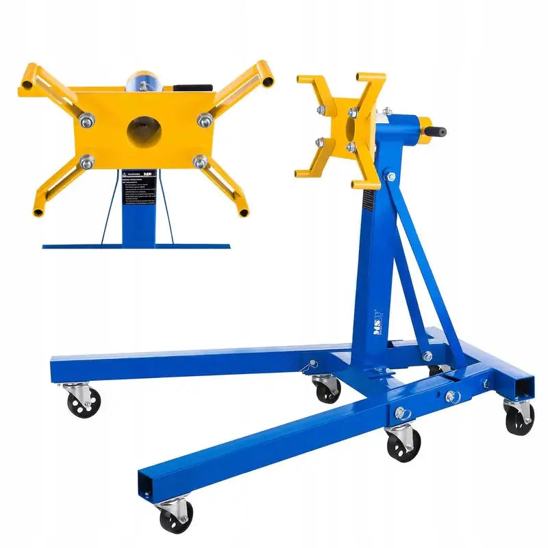 Roterende motor og girkassestativ i blått metall, sidevisning med fokus på justerbart gult monteringsfeste.