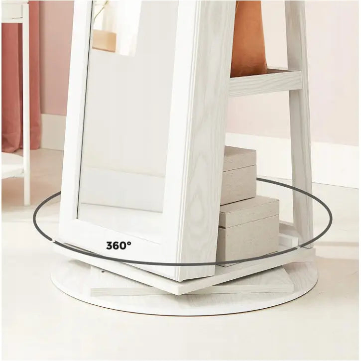 Roterende smykkeskap med speil, sidevisning som viser hylle med to beige bokser og 360°-funksjon.
