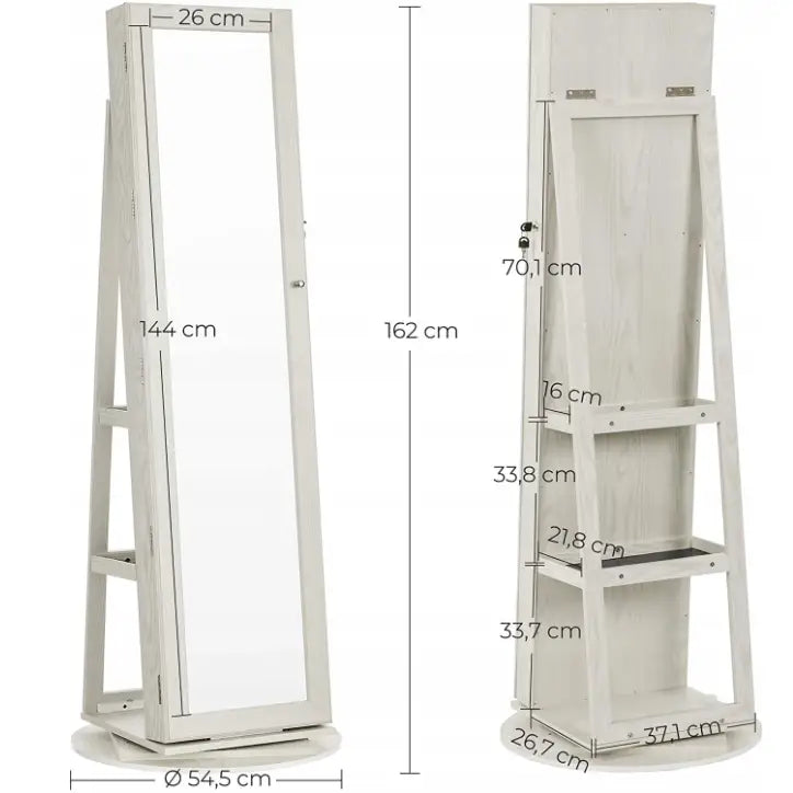 Roterende smykkeskap med speil, side- og bakvisning med mål for skapets høyde, bredde og hyller.