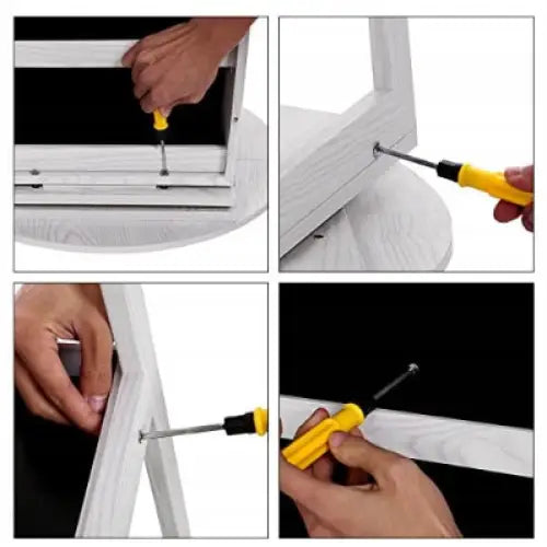 Roterende smykkeskap med speil, detaljert montering med gul skrutrekker og hender som fester hvite rammedeler.