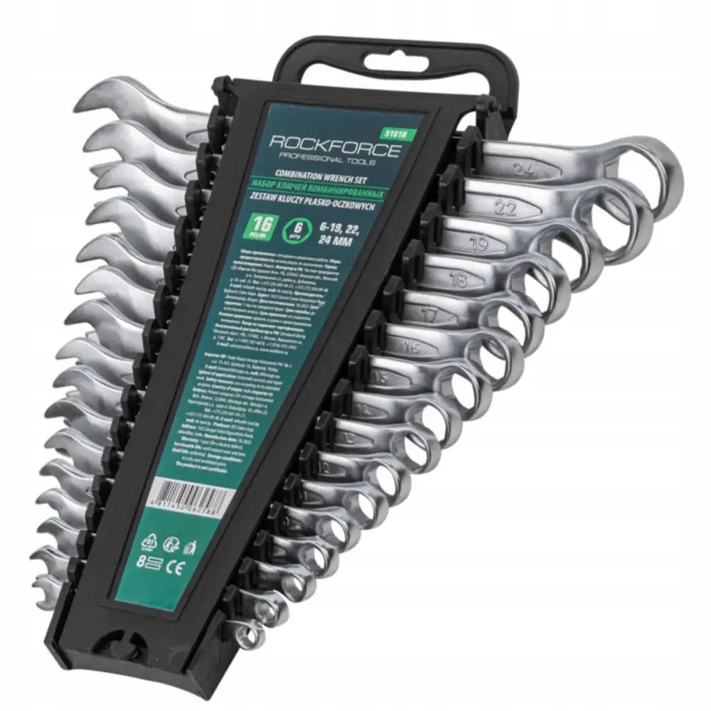 Rothewald sett med flate ringnøkler, 16 deler i sølvfarget metall i sort holder med synlige størrelsesmarkeringer.