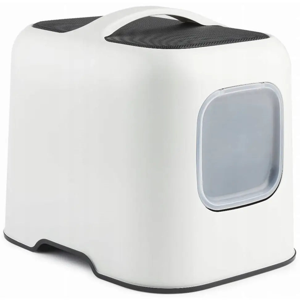 Rotho Biala lukket kattedo i hvit plast, sett fra skrå vinkel med topphåndtak og gjennomsiktig side-luke.