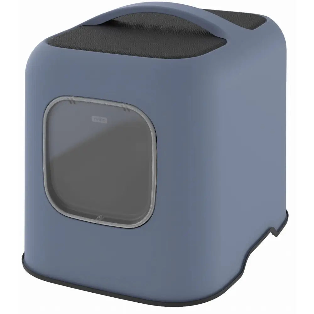 Rotho Biala lukket kattetoalett i blå plast med transparent luke og håndtak, sett fra skrå vinkel.
