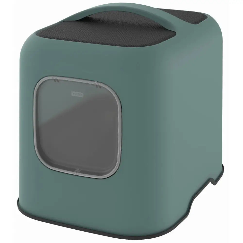 Rotho hvitt kattetoalett med grønn base, grå frontluke og sort håndtak, sett fra skrå forside.