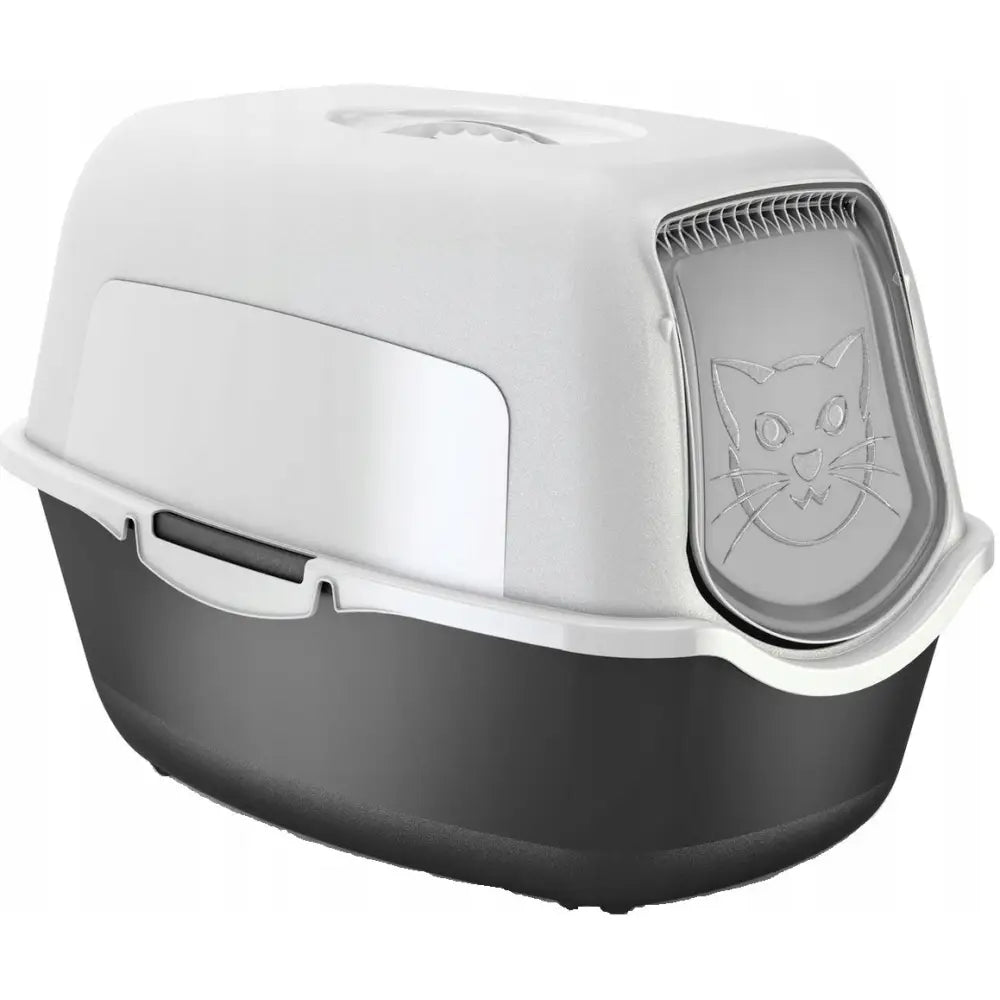 Rotho Lukket Stor Kattetoalett XL i plast, skrå vinkel med svart bunn, hvitt lokk og dekorativ katteansikt-dør.