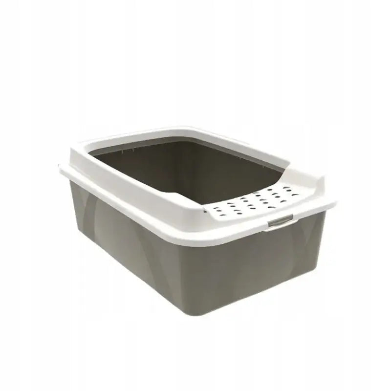Rotho Økologisk Kattetoalett Bonnie, grå plastbeholder med hvit kant og perforert rist, sett fra skrå vinkel.