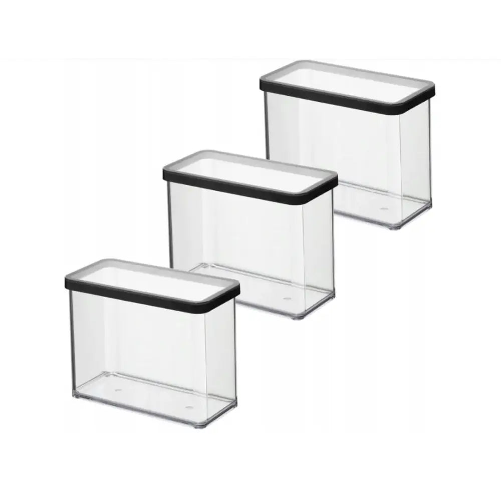 Rotho Loft sett med tre gjennomsiktige 2,1 liters bokser med sorte lokk, skråvisning mot hvit bakgrunn.