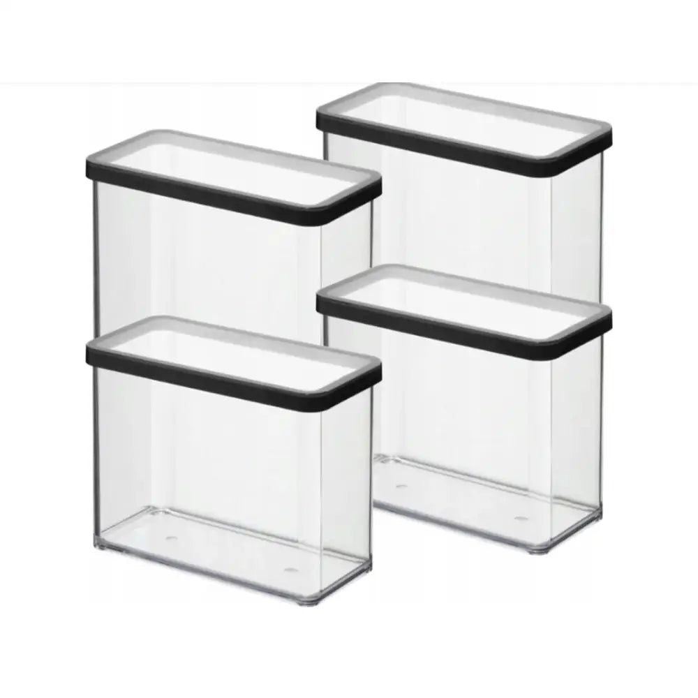 Rotho sett med fire gjennomsiktige matbeholdere på 2,1 liter med svarte lokk, sett fra skrå vinkel.