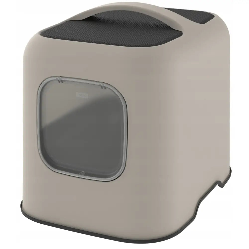 Rotho stor lukket kattetoalett i beige plast, kubeform med avrundede hjørner, sort toppfilter og gjennomsiktig frontluke.