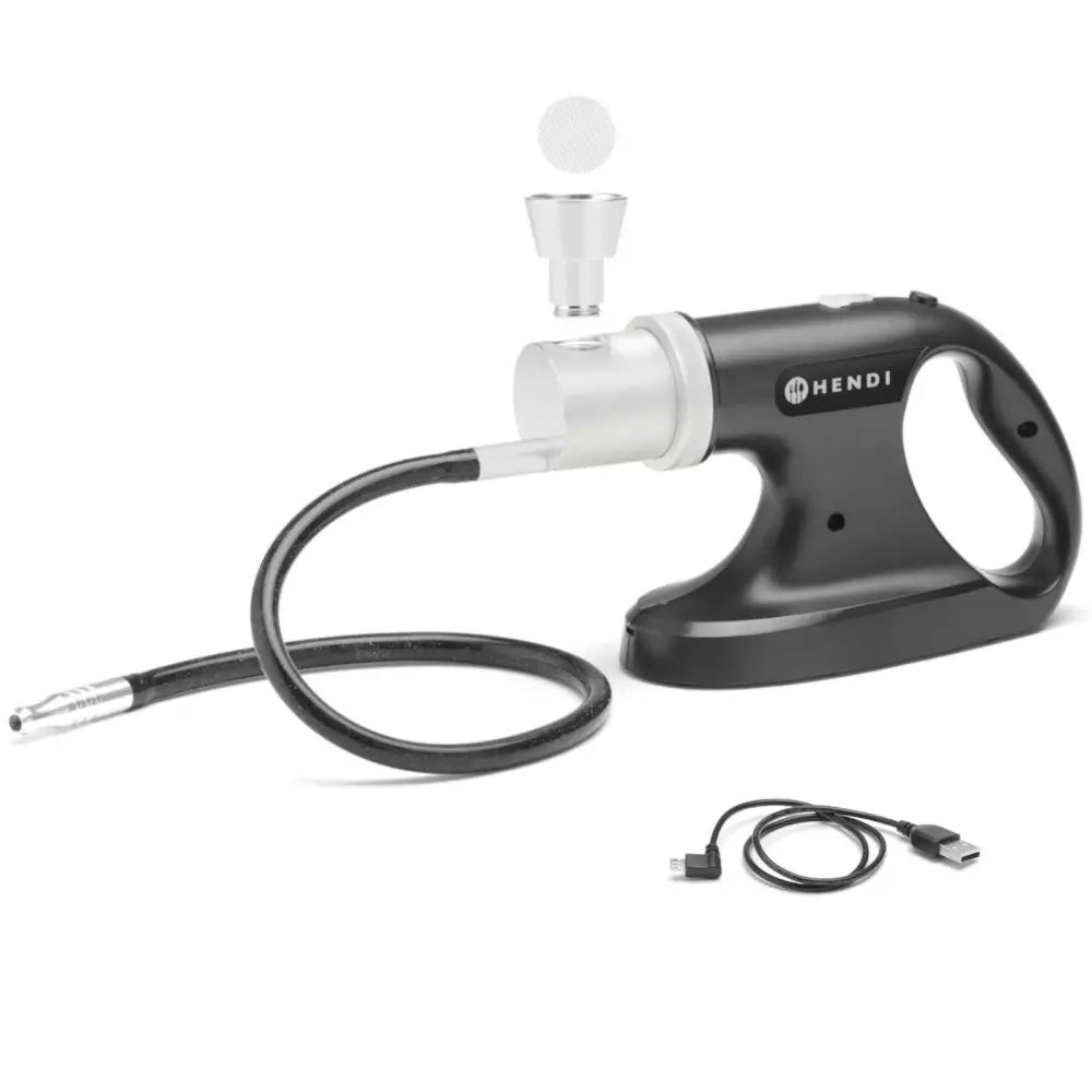 Røykgenerator med 3 hastigheter, sort og sølv enhet med avtakbar slange og tilbehør vist fra siden.