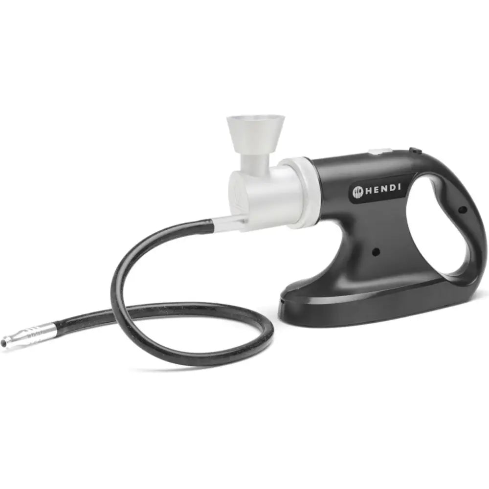 Røykgenerator med tre hastigheter, sidebilde som viser svart slange med metallspiss og tydelig Hendi-logo.
