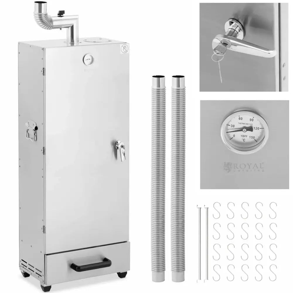 Røykovn i børstet metall med seks hyller, synlige S-kroker, termometer og detaljert lås på døren.