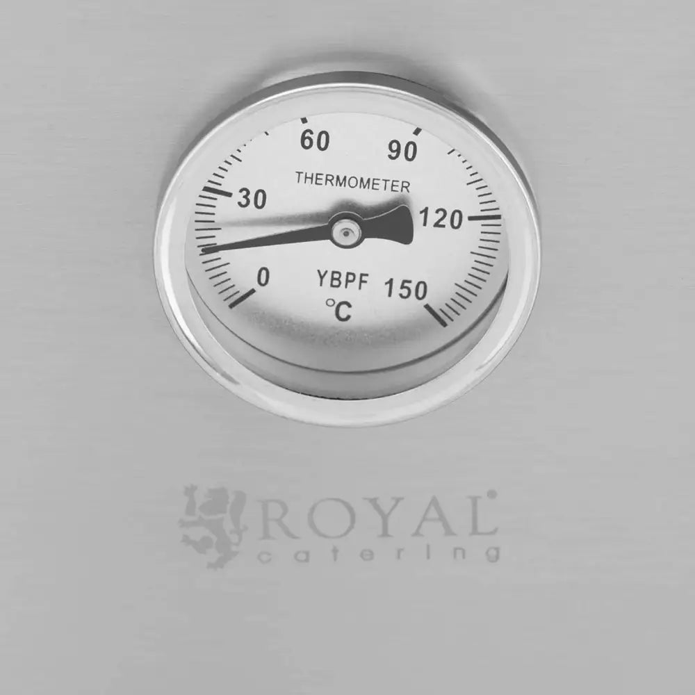 Røykovn termometer med klar temperaturskala 0–150°C, Royal Catering-logo under på børstet metallfront.