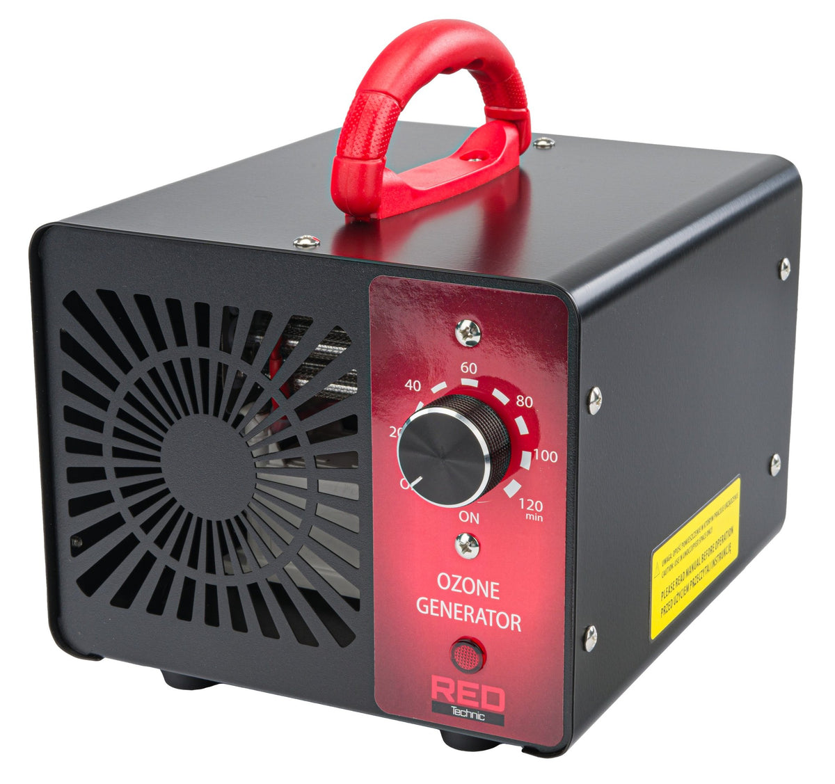 Ozongenerator Red Technic sett skrått forfra med tidsurskive, rødt håndtak og viftegrill