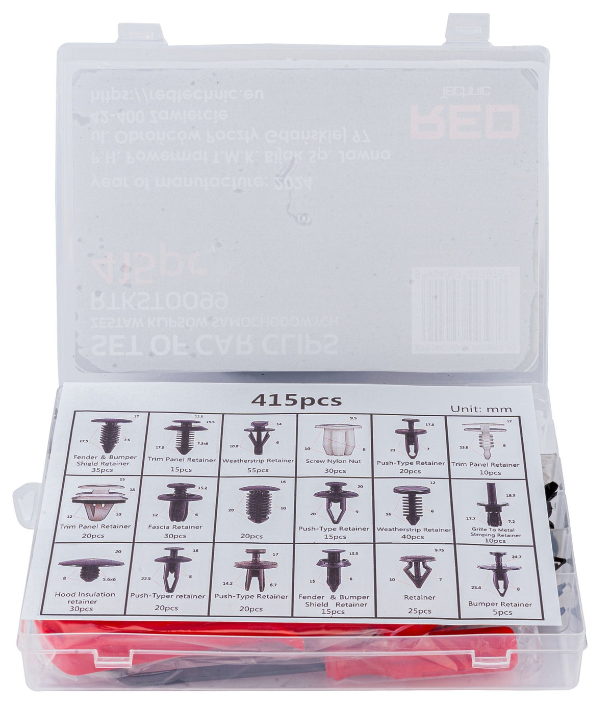 Bilklips Red Technic sett ovenfra med 415 klips, delekart og røde verktøy
