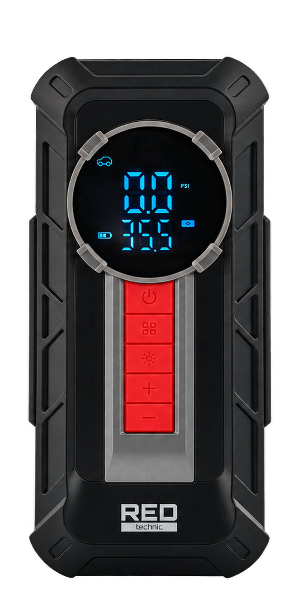 Startbooster Red Technic sett forfra med rund LCD-skjerm som viser 0.0 PSI og røde knapper