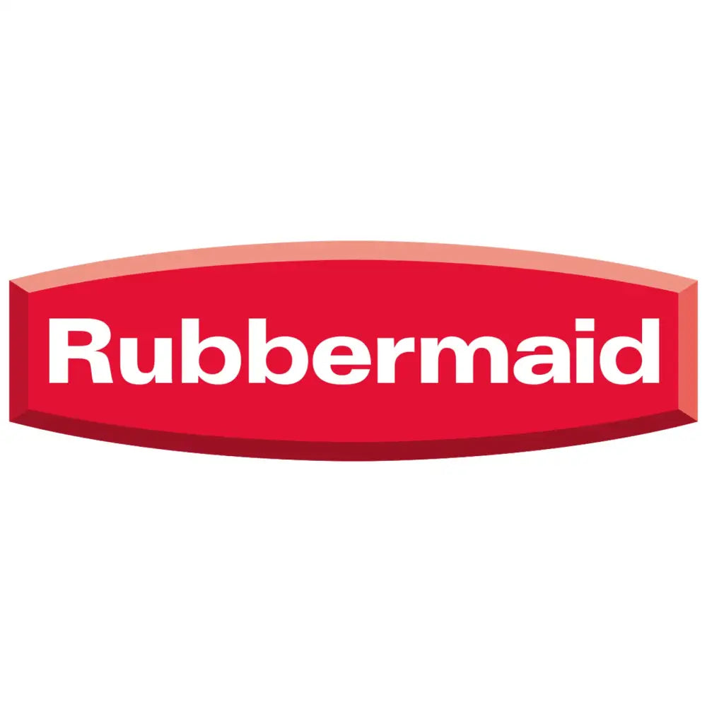 Rubbermaid-logo i hvitt på rødt skilt med lys kant, nærbilde mot hvit bakgrunn.