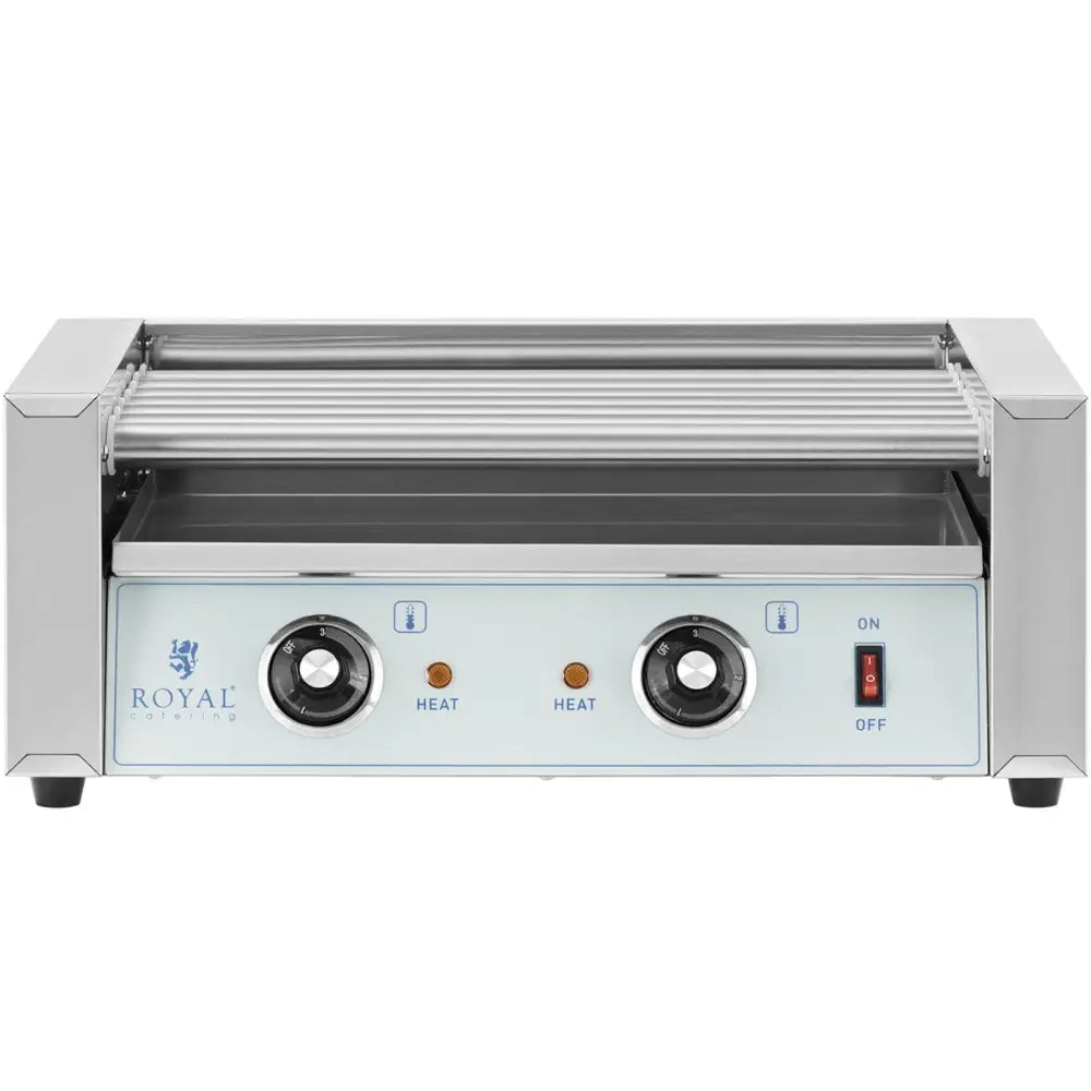 Rullegrill for pølser og hotdogs, frontvisning med syv ruller, blått panel og synlige kontrollknapper.