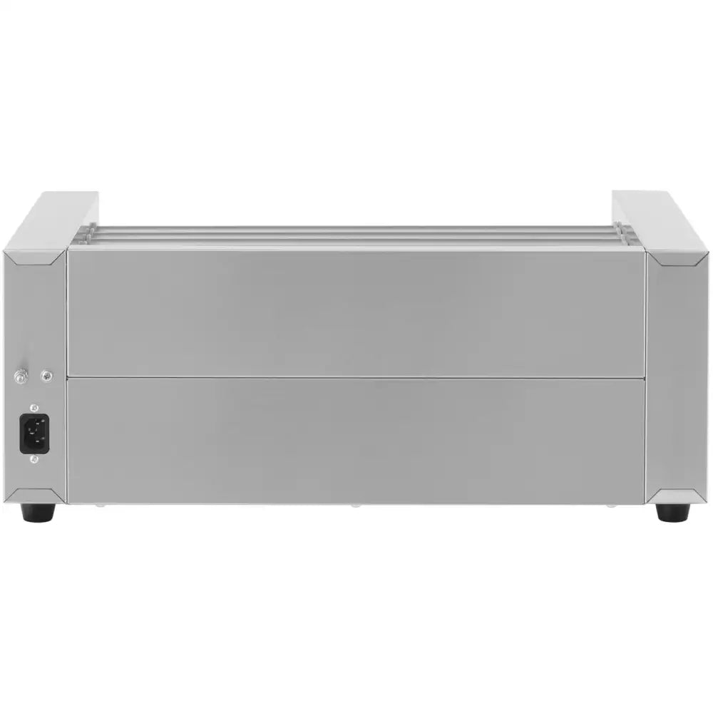 Rullegrill for pølser og hotdogs, bakside med ventilasjonsriller og strømuttak til venstre.