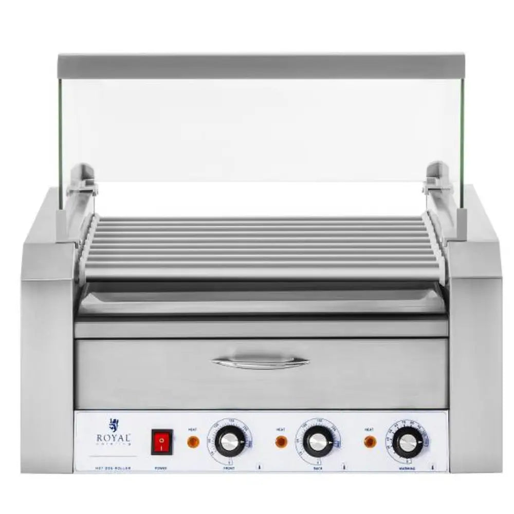 Rullende Grill med Beskyttelse og Varmeskuffe for Pølsebrød 16 Pølser Hotdog 2200w 230v Royal Catering.