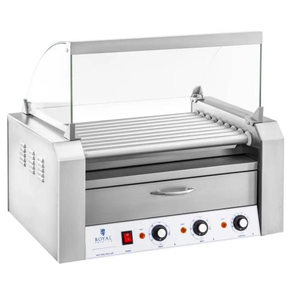 Rullende Grill med Beskyttelse og Varmeskuffe for Pølsebrød 16 Pølser Hotdog 2200w 230v Royal Catering.