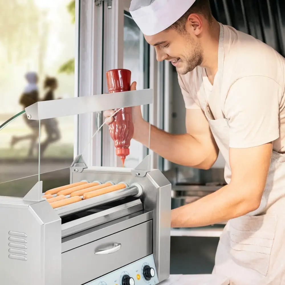 Rullende Grillpølser og Hot Dog-varmer med Skuff og Hette - 5 Ruller.