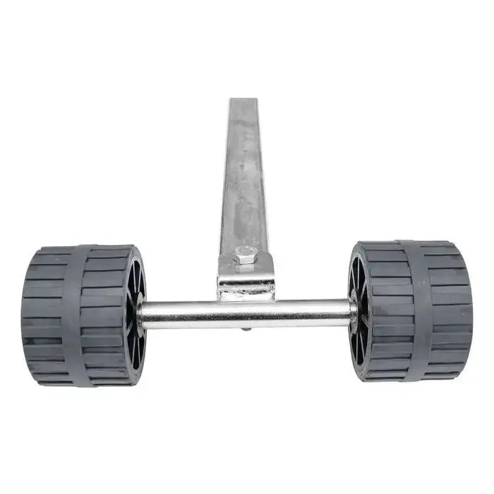 Rullestøtte for båthenger, frontbilde av to grå gummihjul på metallaksel mot hvit bakgrunn.