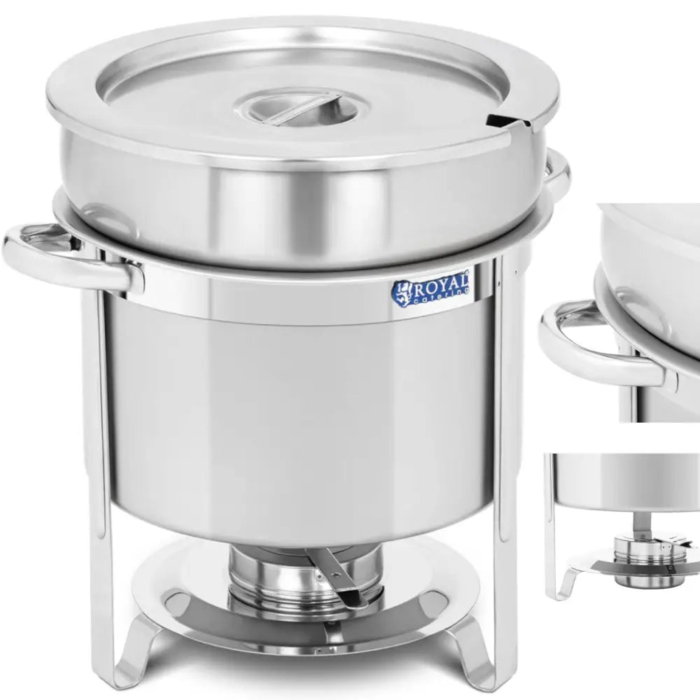 Rund elektrisk matvarmeplate 10,5 l i rustfritt stål med lokk, sidehåndtak og synlig Royal-logo.