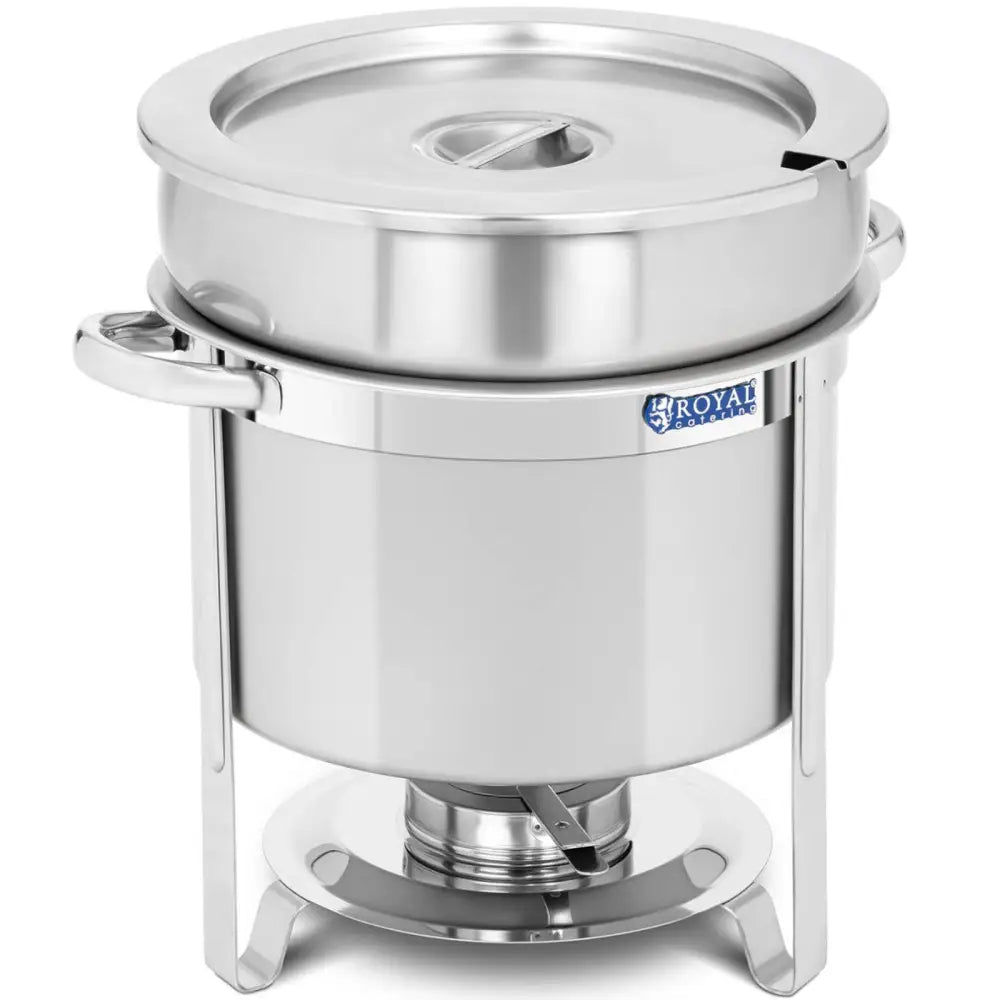 Rund elektrisk matvarmeplate 10,5 l, frontvisning med lokk, håndtak og blått Royal Catering-merke.