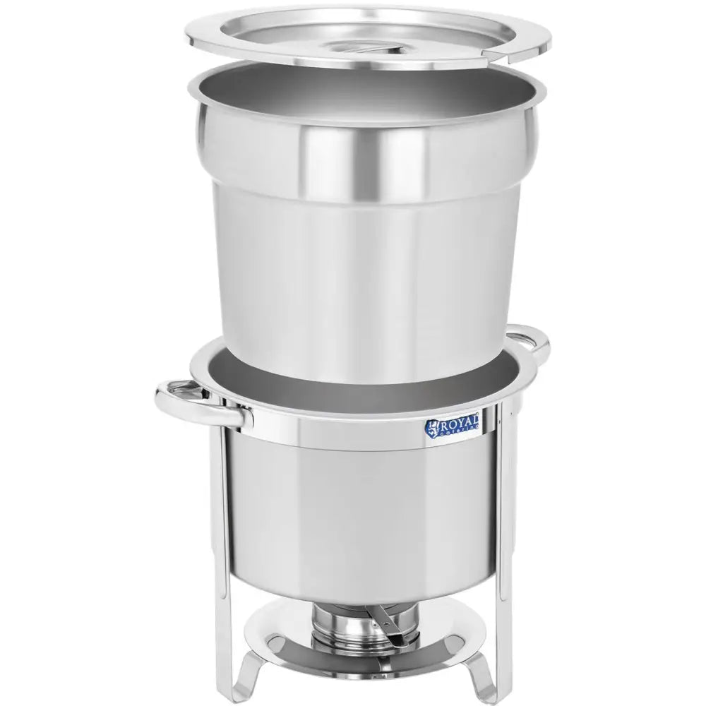 Rund elektrisk matvarmeplate 10,5 l, frontbilde med åpent lokk og synlig innsatsdel i rustfritt stål.