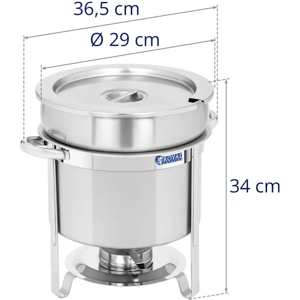 Rund elektrisk matvarmeplate med lokk, frontvisning som fremhever håndtak og tydelig angitte mål.