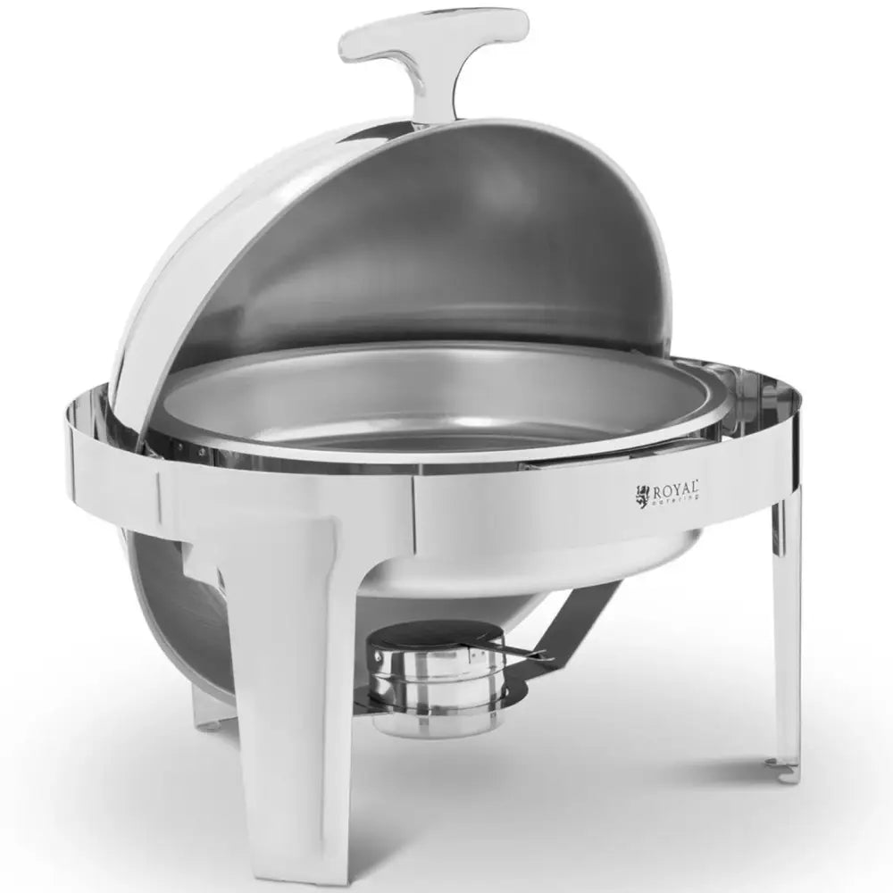 Rund matvarmebeholder i blankt stål, halvåpent lokk og synlig varmekilde under, sett skrått forfra.