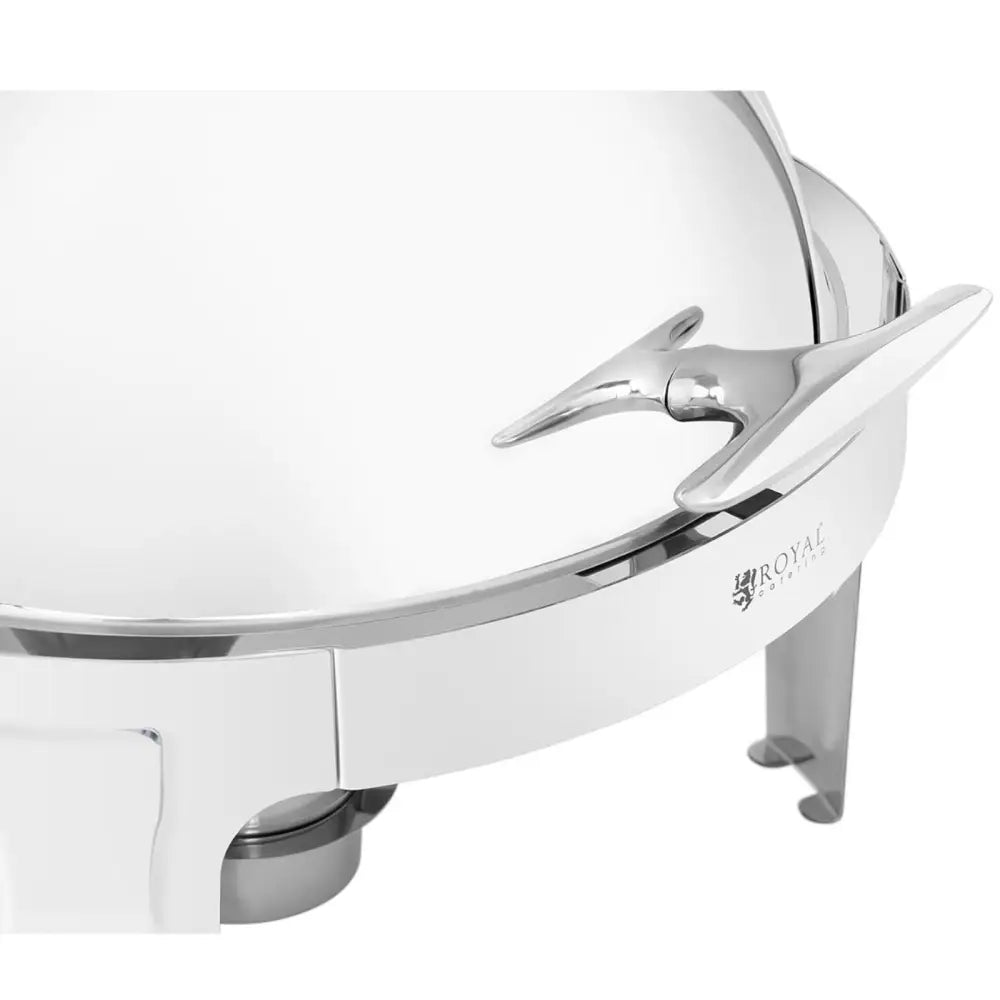 Rund matvarmebeholder i blankt stål, nærbilde med lokk, håndtak og synlig Royal-logo på siden.